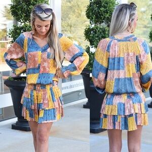 Current Air Patchwork Mini Dress - Blue, Yellow, Pink